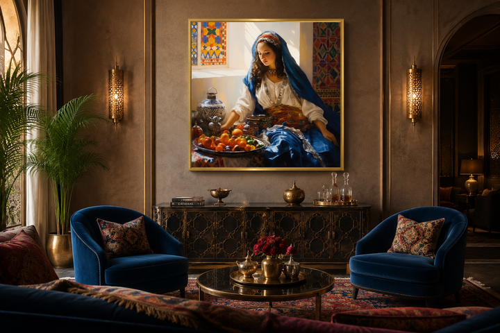 Moroccan woman wall art canvas featuring a woman with fruit, displayed in a modern living room.