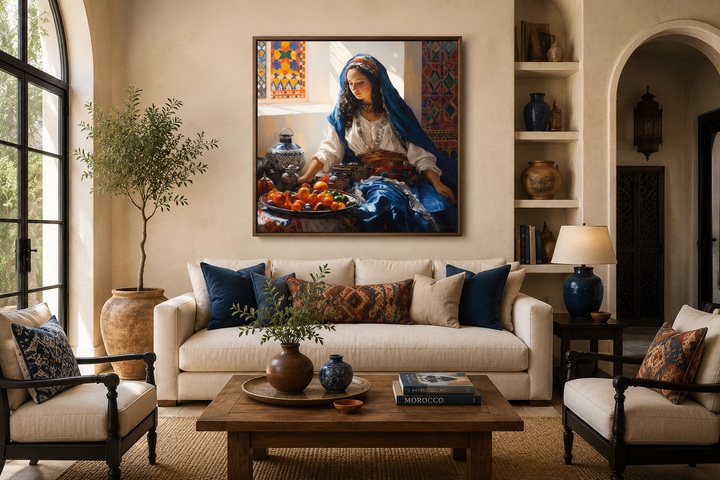 Moroccan woman wall art canvas featuring a woman with fruit, framed above a sofa in a living room.