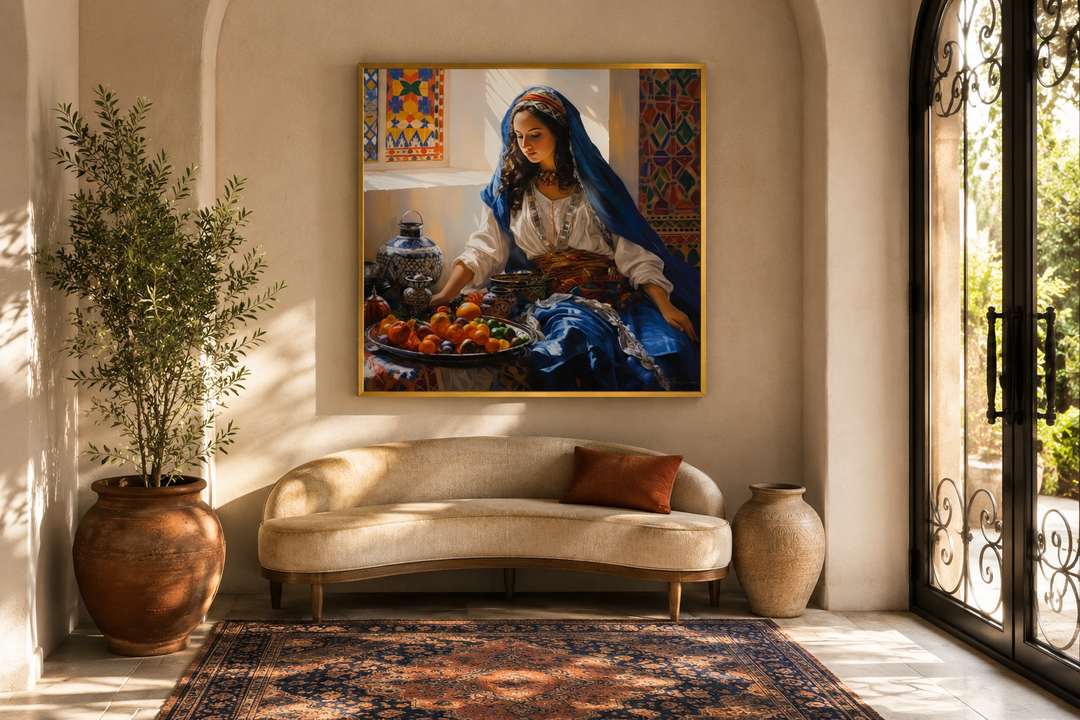 Moroccan woman wall art canvas featuring a woman with fruit, hanging above a curved sofa.