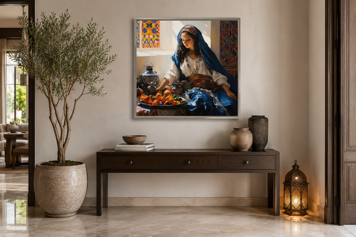 Moroccan woman wall art canvas featuring a woman with fruit, displayed above a dark wood console.