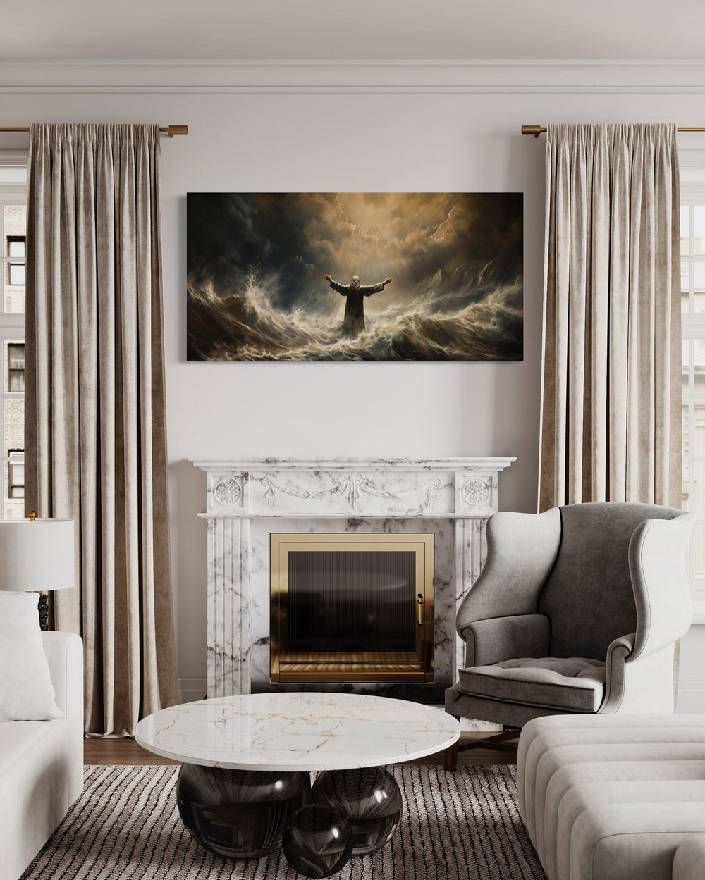 Moses Parting The Sea Framed Canvas Wall Art above fireplace