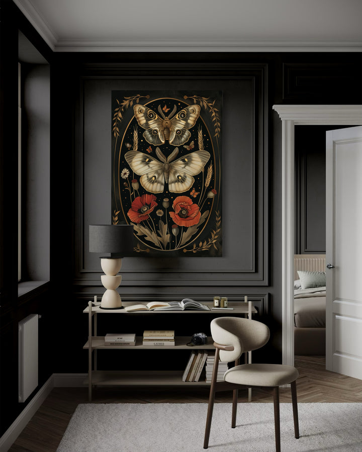 Moth And Poppy Flowers Botanical Dark Academia Framed Canvas Wall Art