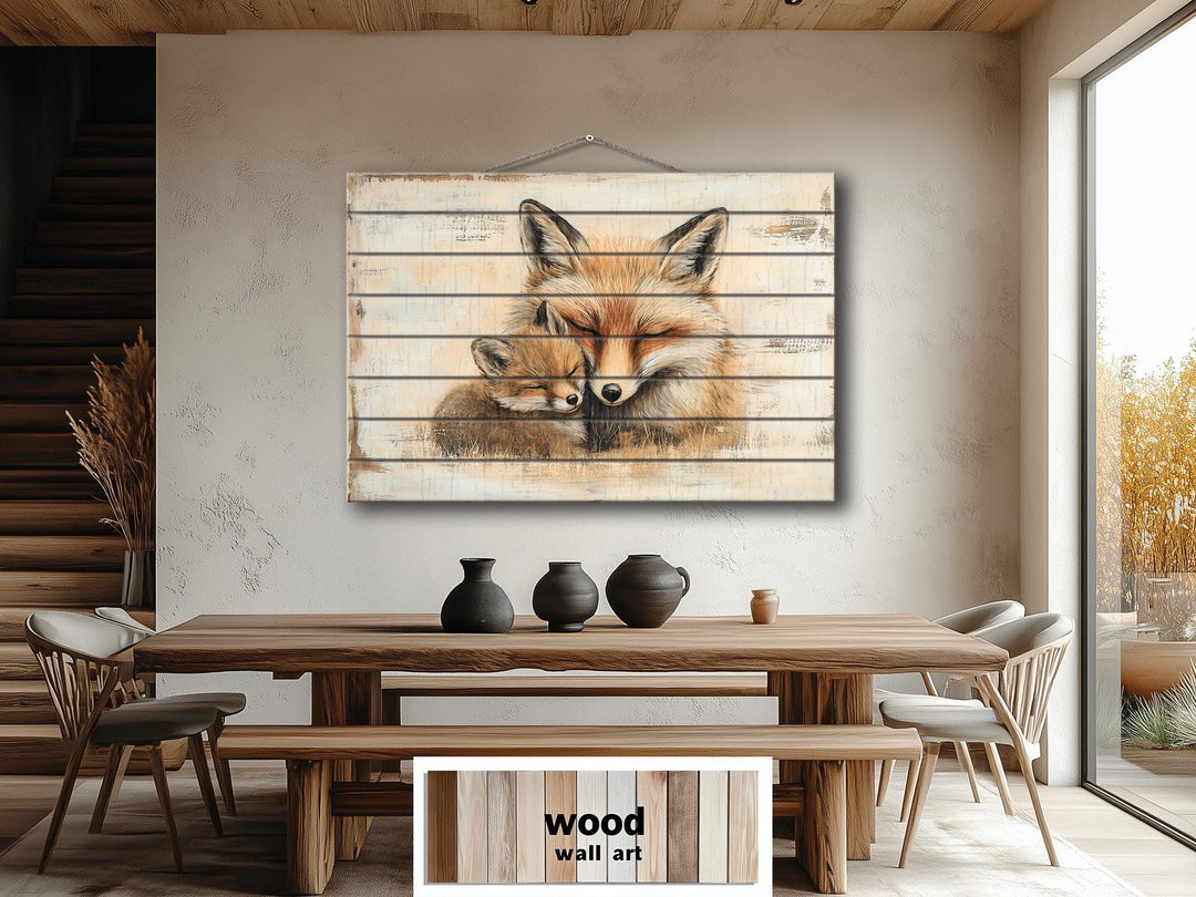 Rustic Fox Image Rustic wood wall art featuring a mother fox and baby fox.
