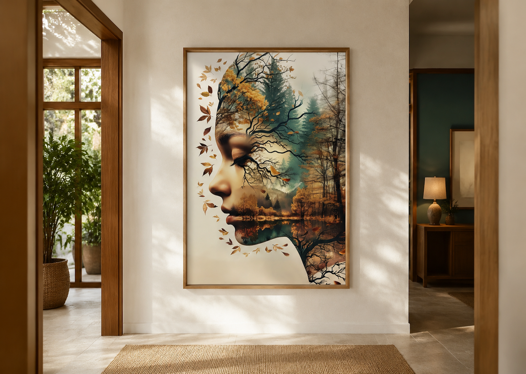 Mother Nature spiritual framed canvas wall art featuring a woman's profile merged with a forest.