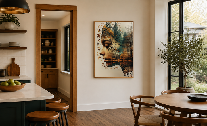 Mother Nature spiritual framed canvas wall art featuring a face blended with a forest landscape.