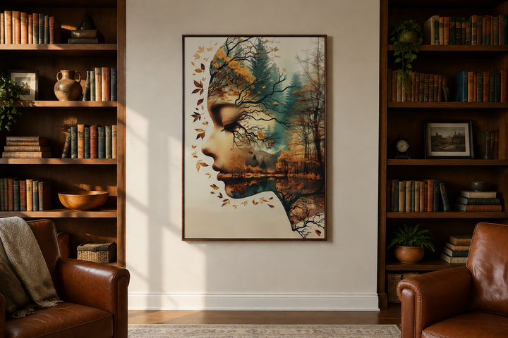 Mother Nature spiritual framed canvas wall art featuring a woman's profile merged with a forest.