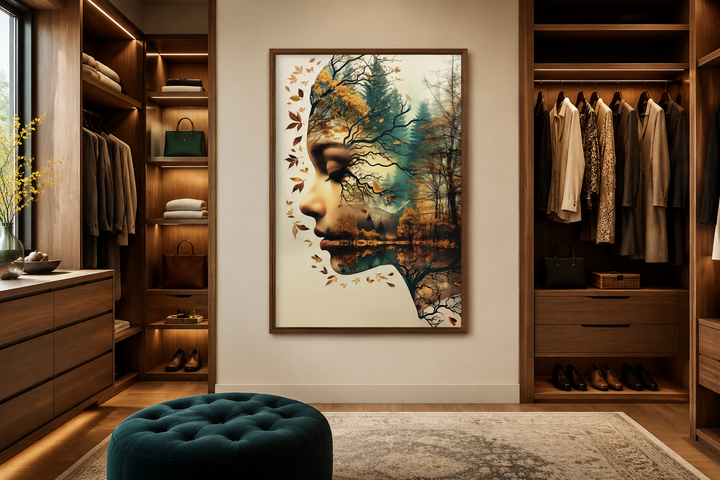 Mother Nature spiritual framed canvas wall art featuring a woman's face blended with a forest scene.