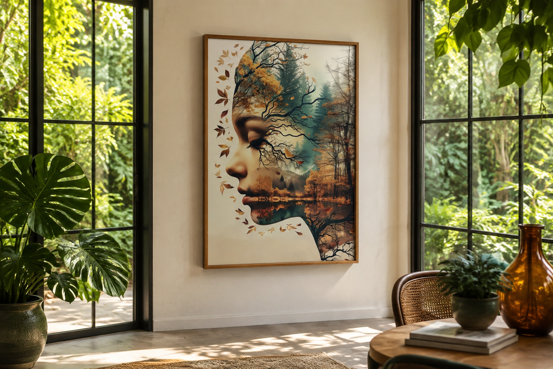Mother Nature spiritual framed canvas wall art featuring a woman's profile merged with a forest.