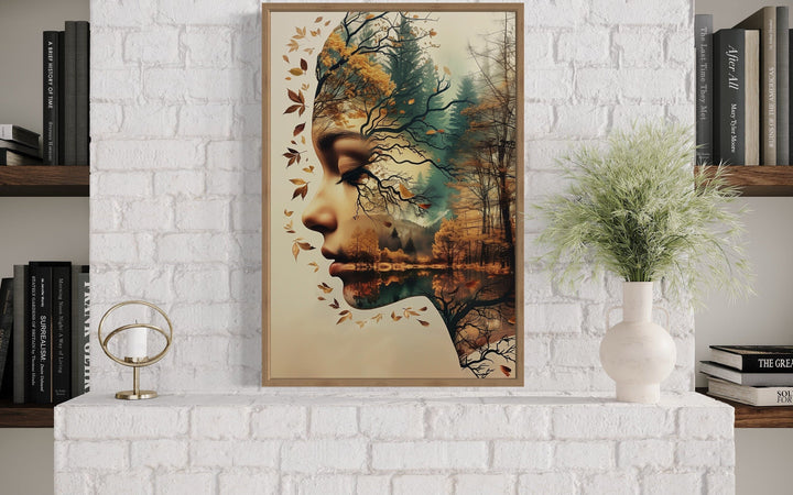 Mother Nature spiritual framed canvas wall art featuring a woman's profile merged with a forest.