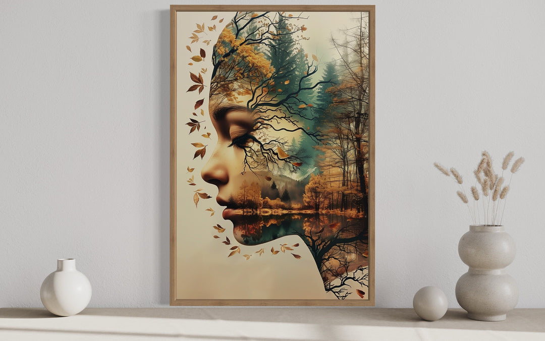 Mother Nature spiritual framed canvas wall art featuring a woman's profile merged with a forest.