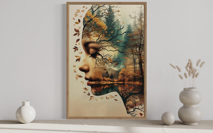 Mother Nature spiritual framed canvas wall art featuring a woman's profile merged with a forest.