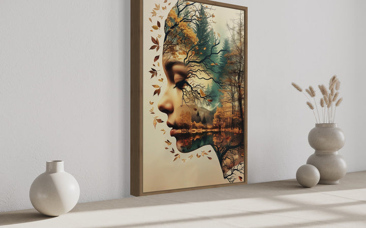 Mother Nature spiritual framed canvas wall art featuring a woman's profile merged with a forest.