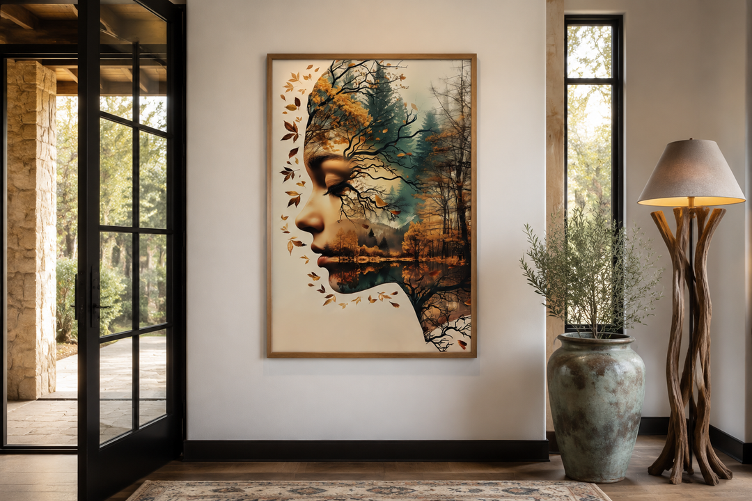 Mother Nature spiritual framed canvas wall art featuring a woman's profile merged with a forest.