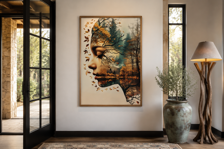 Mother Nature spiritual framed canvas wall art featuring a woman's profile merged with a forest.