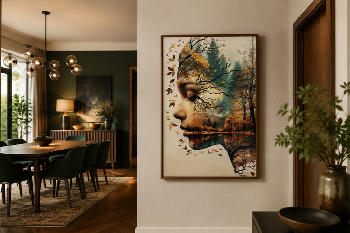 Mother Nature spiritual framed canvas wall art featuring a woman's profile merged with a forest.