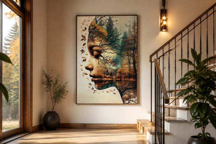 Mother Nature spiritual framed canvas wall art featuring a woman's profile merged with a forest.