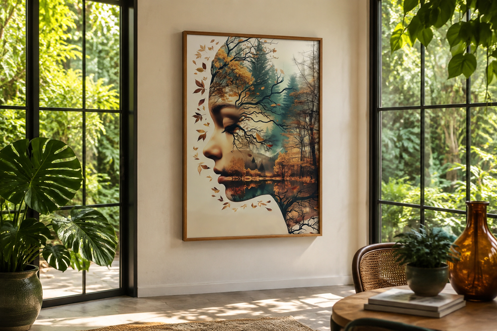 Mother Nature spiritual framed canvas wall art featuring a woman's profile merged with a forest.