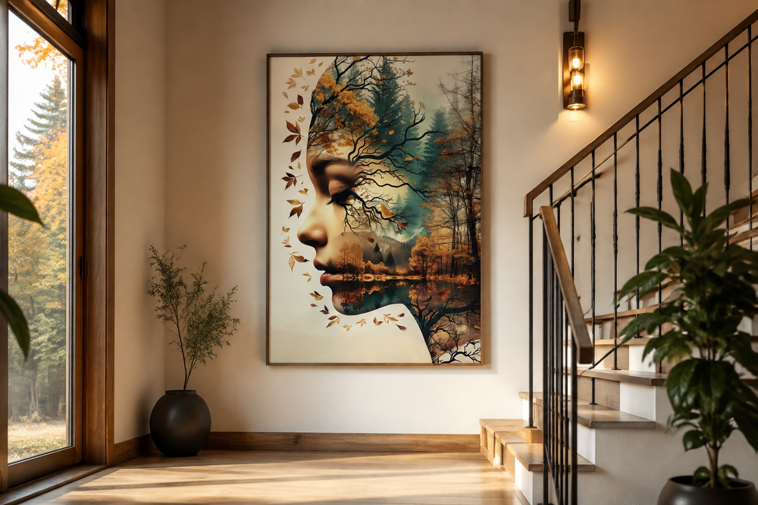 Mother Nature spiritual framed canvas wall art featuring a woman's profile merged with a forest.