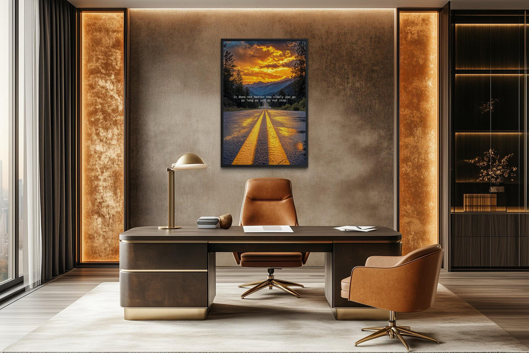 Motivational Quote Canvas – Inspirational Office Wall Art with Sunset Landscape and Confucius Quote