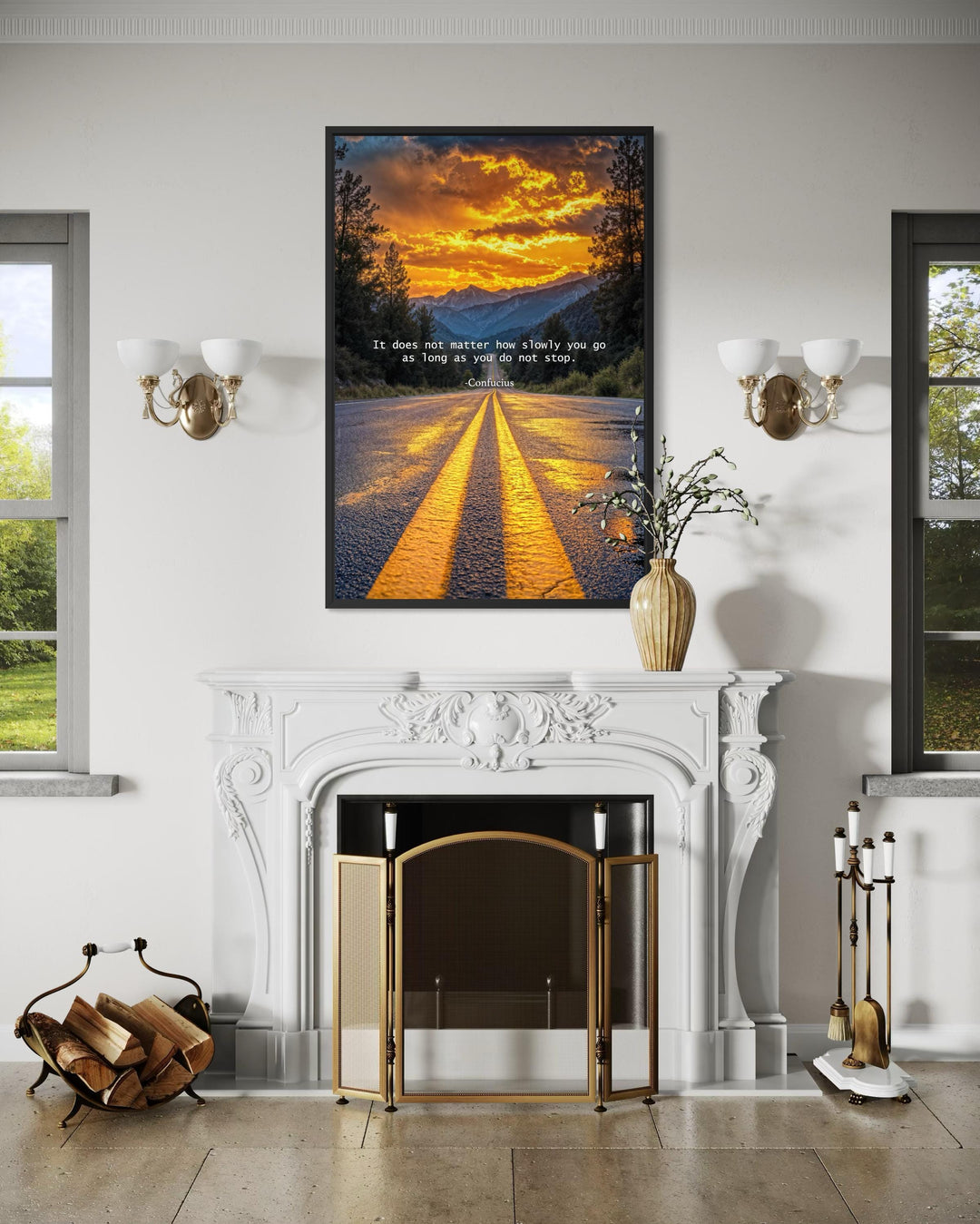 Motivational Quote Canvas – Inspirational Office Wall Art with Sunset Landscape and Confucius Quote