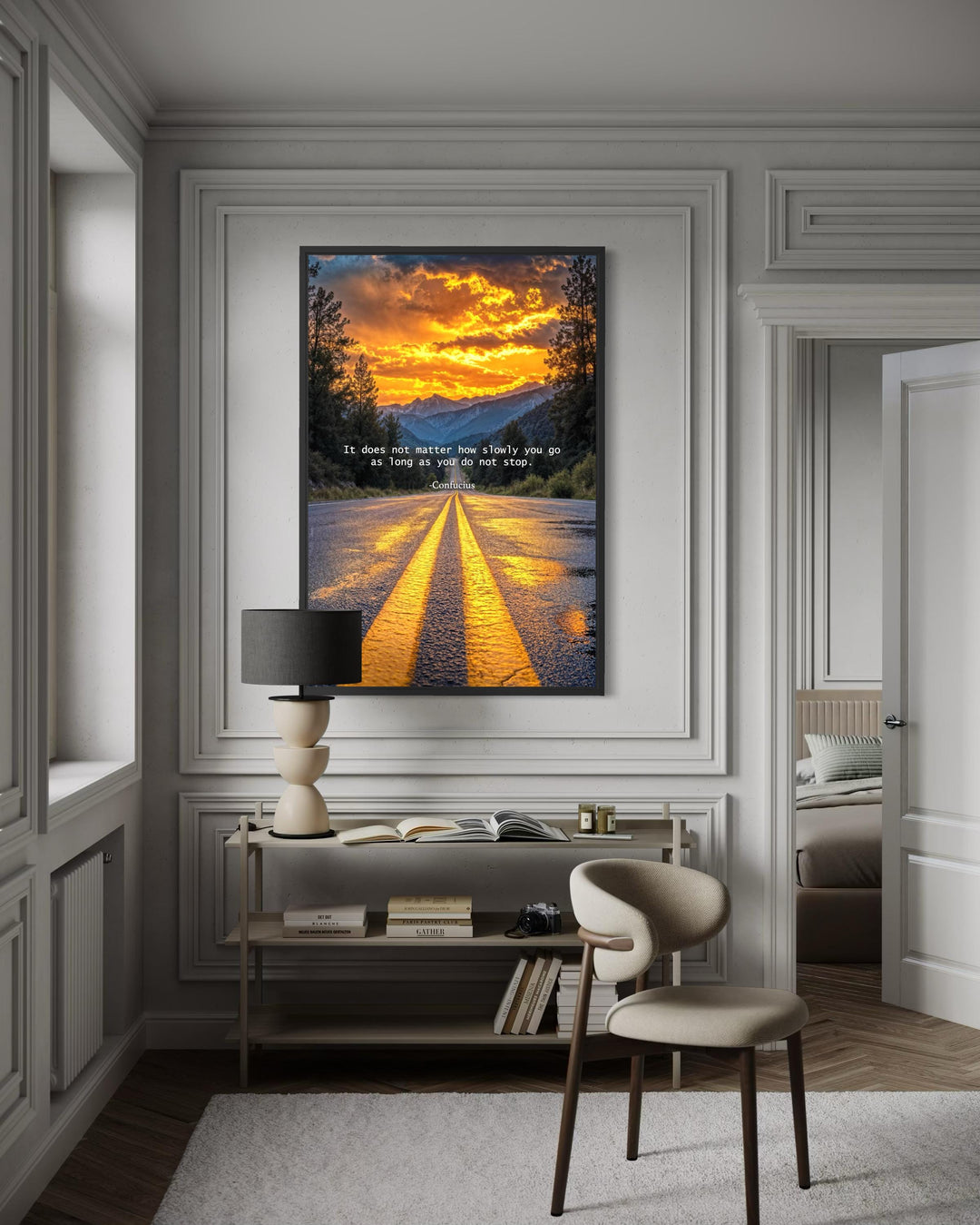 Motivational Quote Canvas – Inspirational Office Wall Art with Sunset Landscape and Confucius Quote