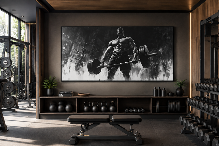 Man doing deadlift motivational gym framed canvas wall art in a modern home gym setting.