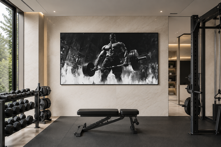 Black and white framed canvas wall art of a muscular man doing a deadlift in a home gym.