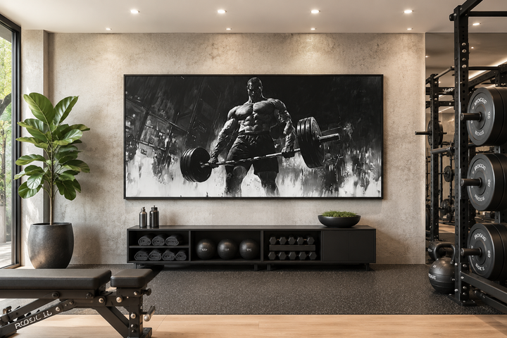 Monochrome framed canvas wall art of a muscular man doing a deadlift in a modern home gym.