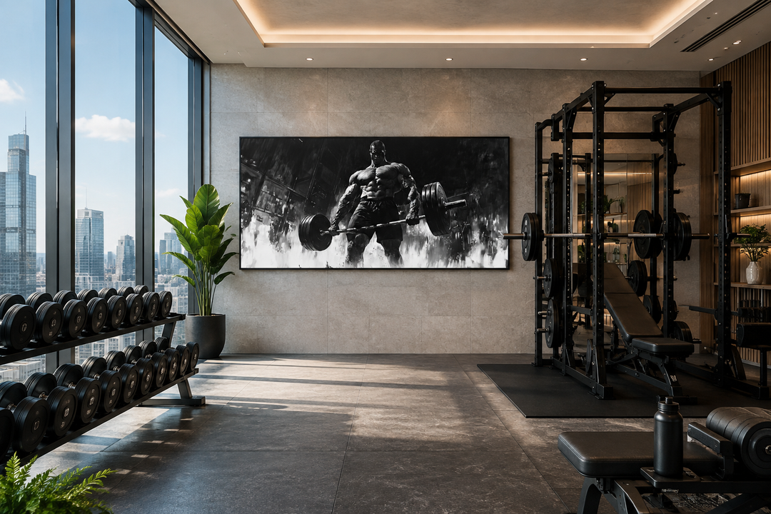 Black and white framed canvas of a muscular man doing a deadlift in a modern home gym.