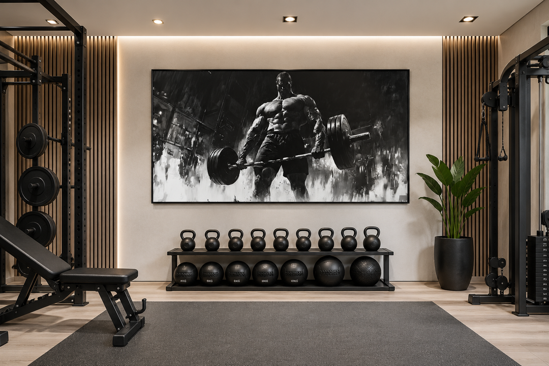 Black and white framed canvas wall art of a muscular man doing a deadlift in a home gym.