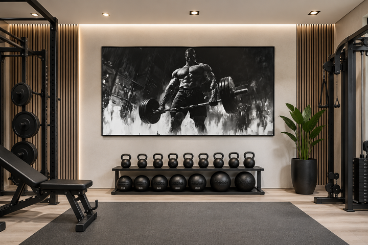 Black and white framed canvas wall art of a muscular man doing a deadlift in a home gym.
