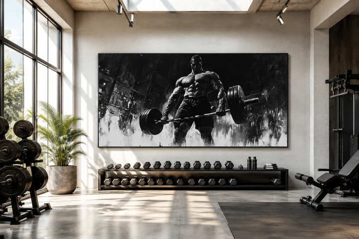 Man doing deadlift motivational black and white framed canvas wall art in a modern home gym.