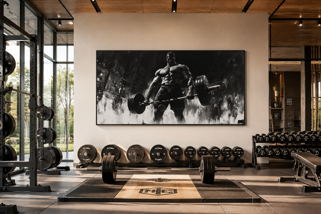 Black and white framed canvas wall art of a muscular man doing a deadlift in a modern gym setting.