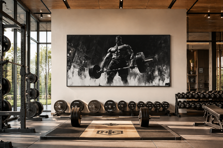 Black and white framed canvas wall art of a muscular man doing a deadlift in a modern gym setting.