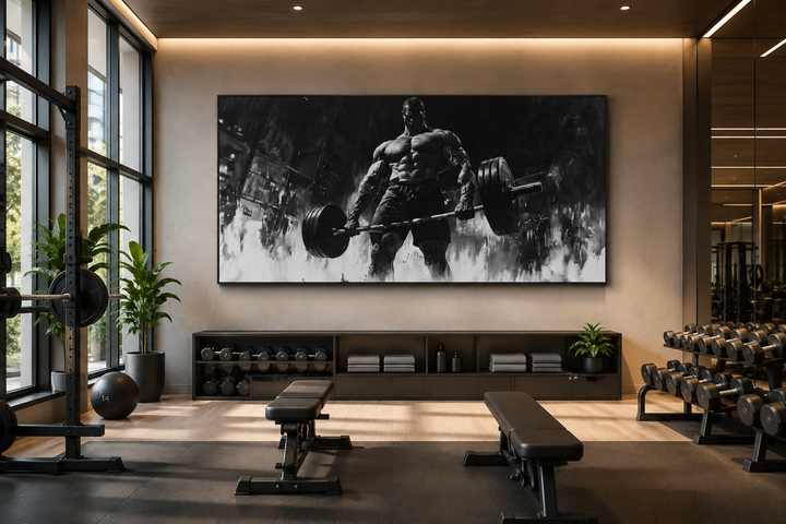 Black and white framed canvas wall art of a man doing a deadlift in a modern home gym.