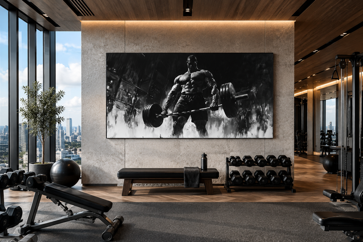 Black and white framed canvas of a man doing a deadlift in a modern home gym setting.