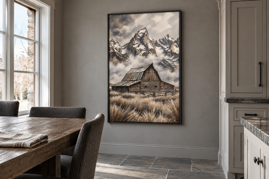 Moulton Barn in Grand Teton framed canvas wall art in a rustic dining room setting.