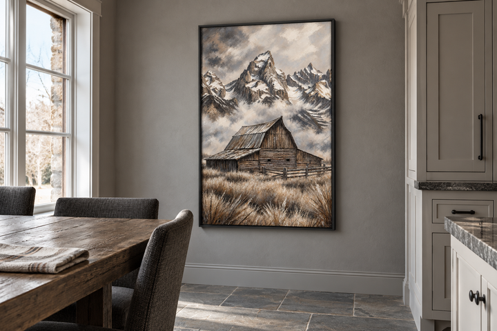 Moulton Barn in Grand Teton framed canvas wall art in a rustic dining room setting.