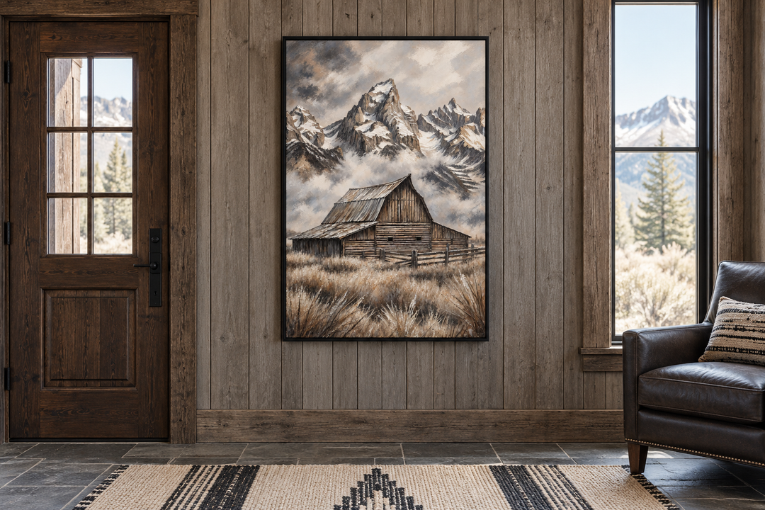 Moulton Barn in Grand Teton framed canvas wall art in a rustic wood-paneled entryway.