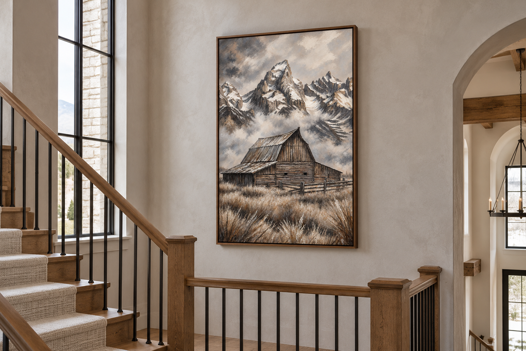 Moulton Barn in Grand Teton framed canvas wall art hanging on a wall above a staircase landing.
