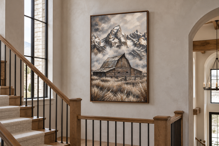 Moulton Barn in Grand Teton framed canvas wall art hanging on a wall above a staircase landing.
