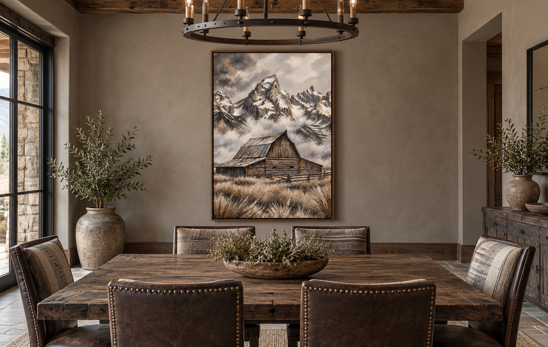 Moulton Barn in Grand Teton framed canvas wall art in a rustic dining room setting.