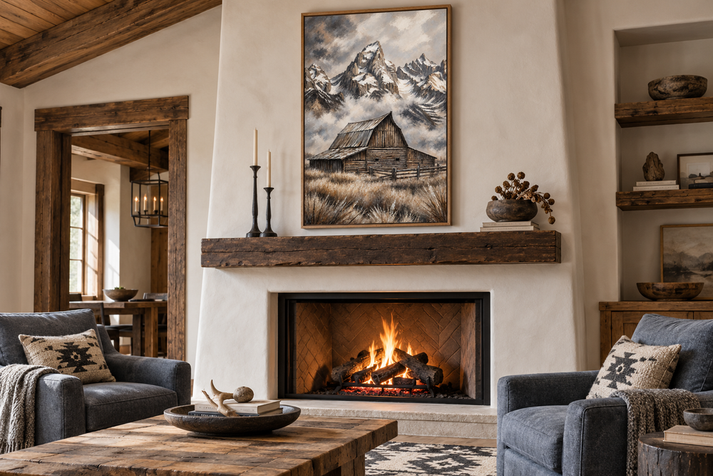 Moulton Barn in Grand Teton framed canvas wall art hanging above a rustic fireplace mantel.
