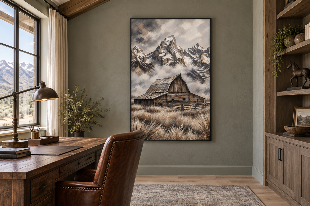 Moulton Barn in Grand Teton framed canvas wall art in a rustic home office setting.