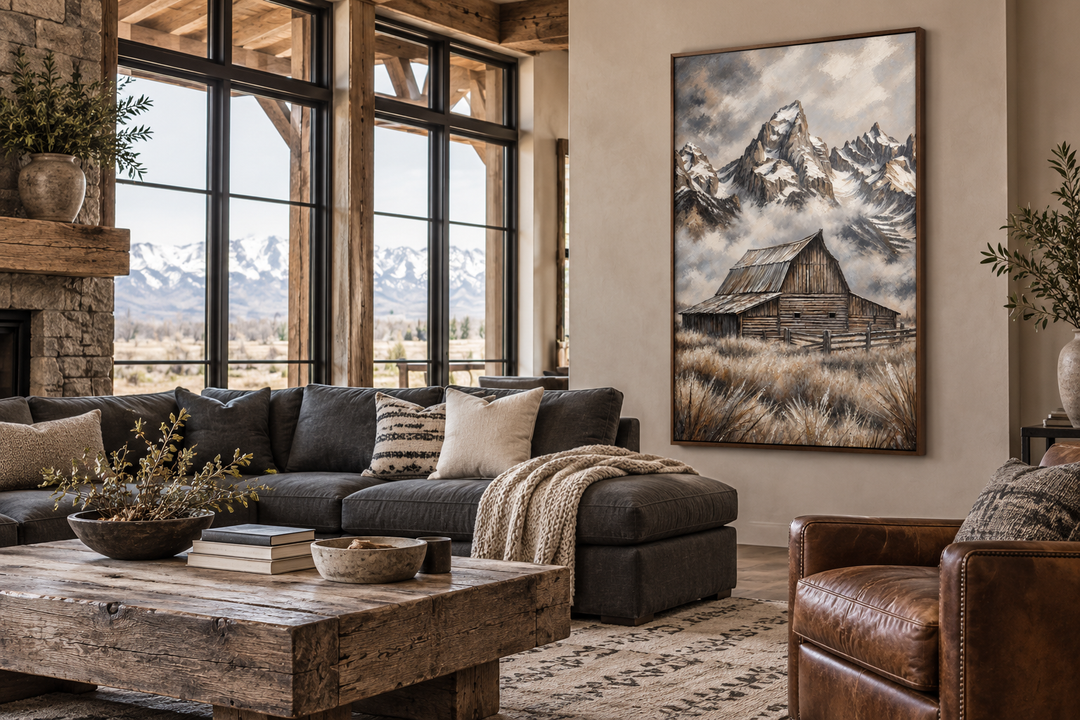 Moulton Barn in Grand Teton framed canvas wall art in a rustic living room setting.