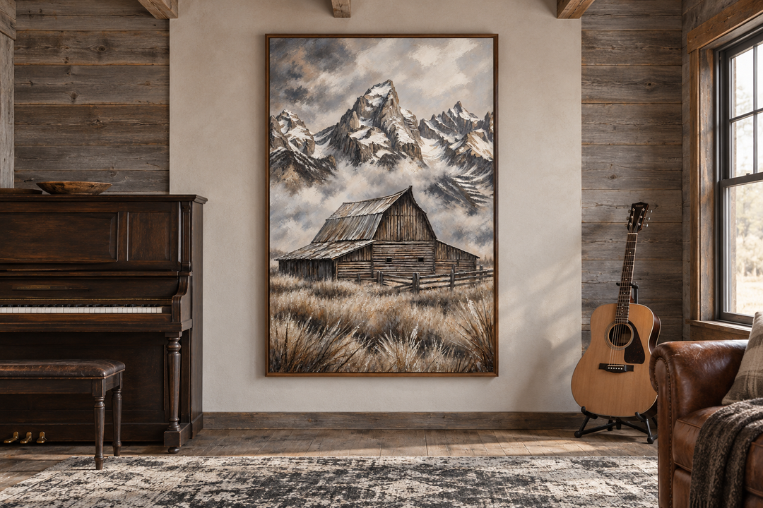 Moulton Barn in Grand Teton framed canvas wall art in a rustic room with a piano and guitar.