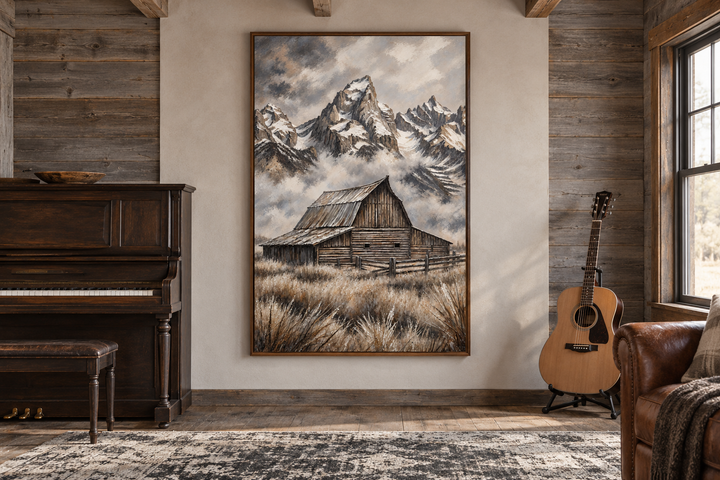Moulton Barn in Grand Teton framed canvas wall art in a rustic room with a piano and guitar.