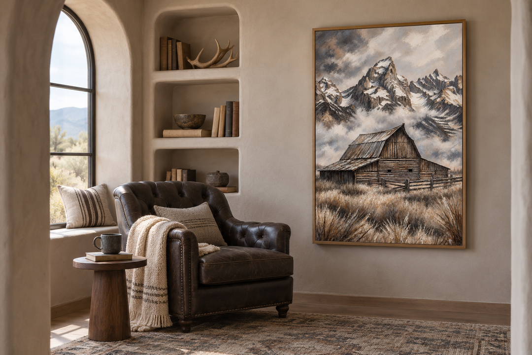 Moulton Barn in Grand Teton framed canvas wall art in a rustic living room with a leather armchair.