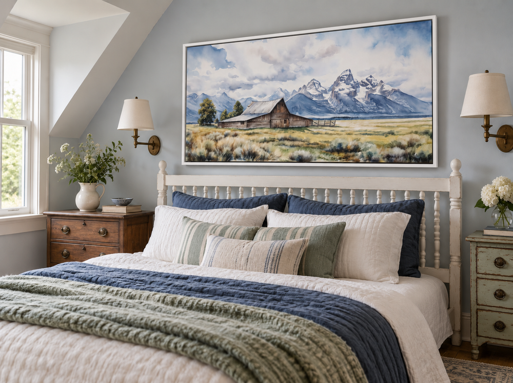 Framed canvas wall art of Moulton Barn and Grand Teton mountains in a rustic farmhouse bedroom.