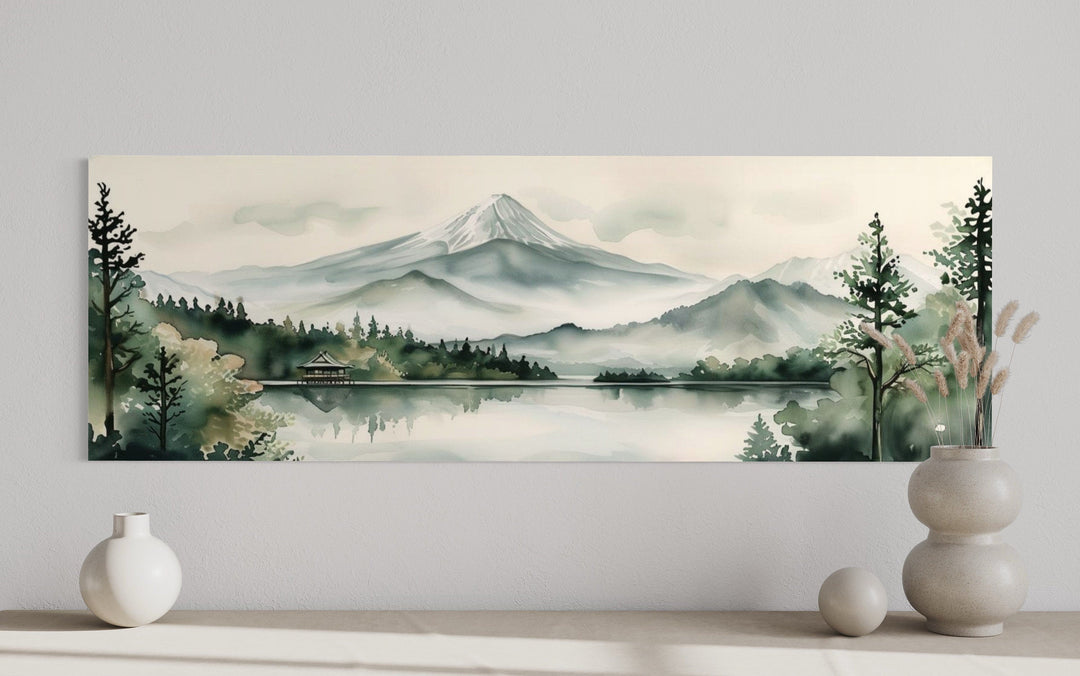 Mount Fuji And Lake Landscape Long Horizontal Framed Canvas Wall Art